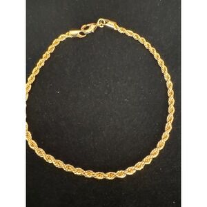 18k Gold Tone Rope Chain Bracelet 9.5 Inch 3mm‎ Twisted Link Lobster Clasp